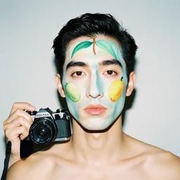 a fashion portrait photograph of a man with a fruits over his face designed by picasso, pastel colors, 3 5 mm, color film camera, studio lighting, pentax