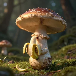 A realistic detailed humanoid mushroom eating a banana