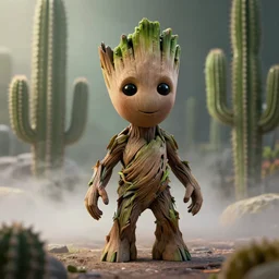 photorealistic shot of cactus Groot, octane render, unreal engine 4k, volumetric light, fog, detailed,