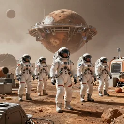 workers on mars in space suits returning home after a hard days work with a megastructure in the distance, hyper realistic, in the style of ready player one 8K HD