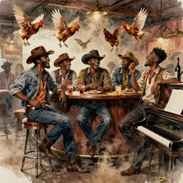 a rowdy watercolor of happy black gatecrashers in a cowboy bar, barstool and chickens flying through air, dust clouds, smooth, sharp focus, piano, ultrarealistic, art by dean cornwell and howard finster, paint splatters, artstation, octane render, low contrast, cinematic, dynamic volumetric lighting by delphin enjolras