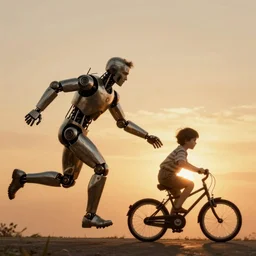 a beautiful ultradetailed fine art vintage photo of a running cyborg father letting go of his cyborg kid riding a bicycle, by tom bagshaw and zach sutton, vignette, telephoto lens, golden ratio composition, sunset golden hour hues, silhouette against sunset sky, very detailed, humanoids, industrial robots, artstation, 8 k, highly coherent