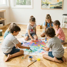 kids playing around the room. paint all over the place.