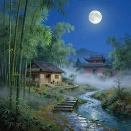 a gorgeous landscape painting by barlowe wayne maxfield parrish and marco mazzoni. farmhouse under bamboo forest. chinese temple. drak blue night sky. just one winter moon!! wet winding steps. ultra clear detailed. 3 d, octane render. river. fog. 8 k