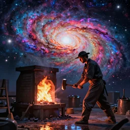 a galaxy exploding, psychedelic colors, a blacksmith swinging his hammer at his forge, realistic reflections