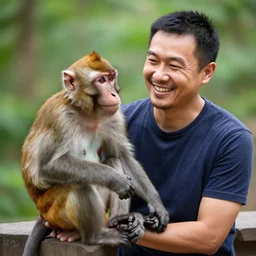 a man smiling at a monkey