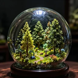 miniature forest in a glass sphere in a dark room