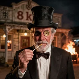 portrait photo still of a spooky kenny rogers with button eyes holding a match, wearing a top hat, in front of an old country store on fire at night, 8 k, 8 5 mm f 1. 8