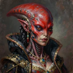 painted close - up portrait of a red - skinned intimidating alien - cyborg girl with tattoos. oil painting, wearing a noblewoman's outfit, fantasy art by greg rutkowski and john singer sargent and gaston bussiere and greg rutkowski, demon noble character design, hd