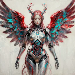 a beautiful painting a portrait of cyborg angel, symetrical scene, symetric character, wires and vines in fractal, trending in artstation, octane render, red and cyan, 8 k, by moebius