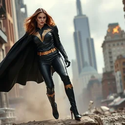 epic film still of beautiful katie mcgrath as a superheroine in the new marvel superhero movie, black cape, black leather costume, gold belt, gold trim, stiletto heeled boots, movie still 8 k, shallow depth of field, destroyed city in the background, promotional poster
