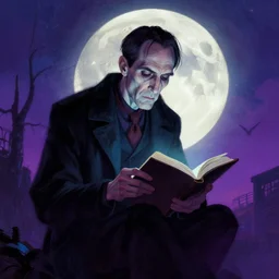cultist of innokentiy at 3 a. m. learning in lovecraft style, colorful, epic, big moon