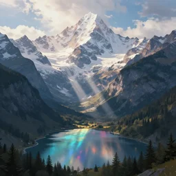 beautiful fantasy alps landscape, godrays, magnificent, colorful reflections, diffuse lighting, luxury, detailed, sharp focus, close up, low angle, high detail, volumetric, illustration, cold lighting, by jordan grimmer and greg rutkowski, trending on artstation, pixiv