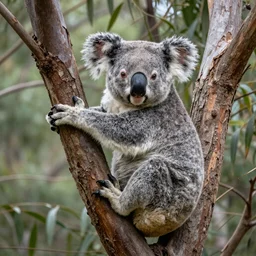 Koala Bear, its face replaced by Gladys Berejiklian, climbing in a tree in the Australia bush.