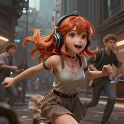 Very complicated dynamic composition, realistic anime style at Pixiv CGSociety by WLOP, ilya kuvshinov, krenz cushart, Greg Rutkowski, trending on artstation. Zbrush sculpt colored, Octane render in Maya and Houdini VFX, cute young redhead girl in motion, she expressing joy, wearing dress, headphones, silky hair, stunning deep eyes. In cityscape. Very expressive and inspirational. Amazing textured brush strokes. Cinematic dramatic atmosphere, soft volumetric studio lighting.