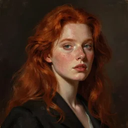a detailed portrait of a pretty!! female president with red hair and freckles, 1 8 0 2, by ilya kuvshinov, digital art, dramatic lighting, dramatic angle