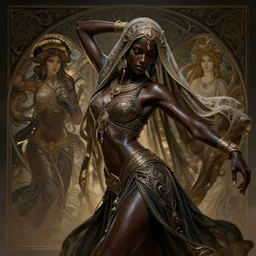 dancer, arabian, black skin, veils, , sweaty, intricate fashion clothing, insane, intricate, highly detailed, digital painting, artstation, concept art, smooth, sharp focus, illustration, Unreal Engine 5, 8K, art by artgerm and greg rutkowski and alphonse mucha
