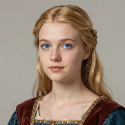 young woman in medieval clothing, blue eyes and blond hair, a ribbon in her hair, art by ex machina,
