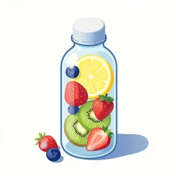 ( ( dither ) ), editorial illustration strawberries blueberries sliced kiwi sliced lemon inside a clear drinking bottle, isometric, modern art deco, ( ( mads berg ) ), detailed, dynamic composition, wide angle, matte print, strong grain, art nouveau, flat