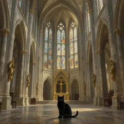 a painting of the interior decoration of a very tall gothic temple, a black cat is sitting infront , 4k, Unreal 5, Octane render, Hyperrealistic, Exquisite detail