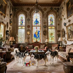 huskies in a large mansion surrounded by beautiful antiques and colourful stained glass windows with little dog toys to play with and many colourful decorations on the walls