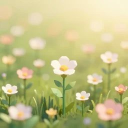 3 d render, low poly art, minimalist, flowers, field of dreams, unreal engine, dreamy, bokeh, bounce light, radiant lighting