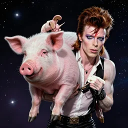 david bowie giving a piggy back ride to ziggy stardust. glam rock. cosmic. peter elson. detailed faces. highly detailed