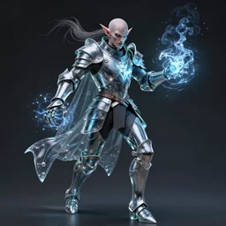 a portrait of a evil elf in glass armor releasing spell, full height, moving forward, concept art, trending on artstation, highly detailed, intricate, sharp focus, digital art, 8 k