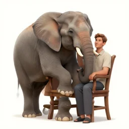 a man on a chair with his pet elephant on his lap