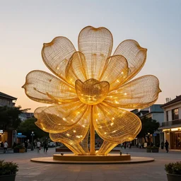 a gigantic golden wire sculpture of a flower in the town square, at sunset