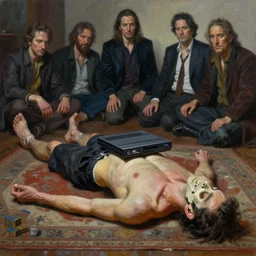 oil painting of filthy carpet with lifeless topload vhs player on lifeless cranial operated amputee graft alberto bontempi, shigeru komatsuzaki, wayne d barlowe, alex ross, enric torres, simon bisley & boris vallejo, hyper realism, cinematical, narrative light, muted colors, epic, hyper detailed, awe inspiring, award winning