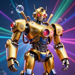 portrait photo of a giant huge golden and blue metal steampunk robot, robot is a bubble machine, soapbubbles coming out of the machine, with gears and tubes, eyes are glowing red lightbulbs, shiny crisp finish, 3 d render, 8 k, insaneley detailed, fluorescent colors, background is multicolored lasershow