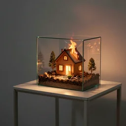 a terrarium with cozy cabin on fire, night, inside on top of a minimalist table, lit from the side