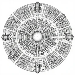 hand drawn rpg map of circular city with a giant core in the middle, ink, detailed