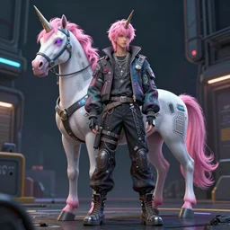 full body character, pink hair male unicorn, cyberpunk intricate streetwear, dystopian, trending on artstation, beautiful, intricate complexity, digital painting, anime, disney, pixar, 8 k, hd, dof, kodak film, volumetric lighting, subsurface scattering, photorealistic, octane render, extreme details
