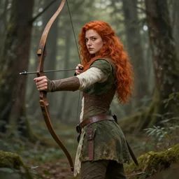 Portrait of a Beautiful Redhead archer lady, full forest suit, matte painting, concept art, high fantasy, artstationhd