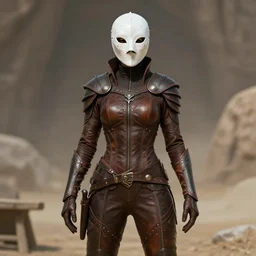 female adventurer in tight full - body leather armor of dunmer design with white porcelain crow mask, trending in artstation, establishing shot