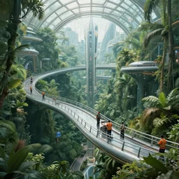 movie still frame, maintenance crew of a luxurious futuristic city glass dome inside a lush jungle, bridges with tourists, beautiful composition, sunny, steam, 8 k, cgi, by ridley scott, james cameron, zack snyder and michael bay