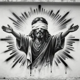 monochromatic black graffiti spray-paint mural of blindfolded Jesus wearing a white linen blindfold, arms outstretched, rays of light emanate from his fingers, painted on a concrete wall by Minerva Teichert, Portra 400