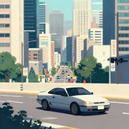 car in a dense city. art style by kim hyung - tae.