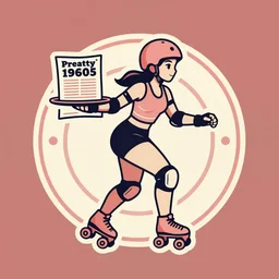illustrated logo, pretty roller derby girl skating, wearing roller derby helmet, 1960s, carrying a tray, flyer