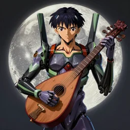 evangelion with a mechanical moon lute in its arms, movie poster, 3 d anime, arcane style, retropunk, steampunk, high resolution, 4 k, retrofuturism, studio ghibli, simon stalenhag