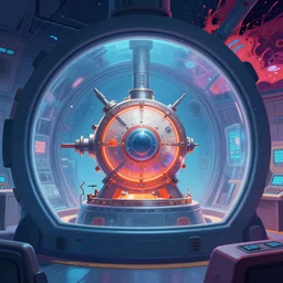 Fusion reactor control room, the core of the reactor can be seen trough a huge glass window, mattepainting concept Blizzard pixar maya engine on stylized background splash comics global illumination lighting artstation  lois van baarle, ilya kuvshinov, rossdraws