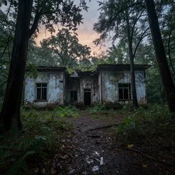 photo of abandoned site of a horrible cursed event in a rain forest clearing, twilight, award-winning magazine photo