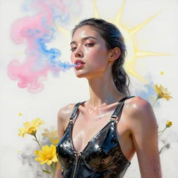 3 d, pink and blue smoke, sun rays, confident fashion model, mouth smoke, sweat skin, glare, liquid black metal, yellow flowers, poster art, high detail, intricate oil painting, multiple exposure, white mood, hyperrealism, 3 d, by tooth wu and wlop and beeple and greg rutkowski