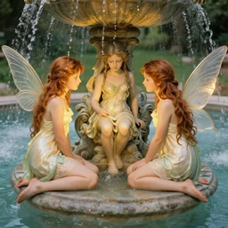 3 nymphs circling a fountain, detailed, 4 k, beautifully lit, octane, wlop