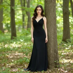 a beautiful woman wearing a black gown, stands in a bright forest leaning against a tree