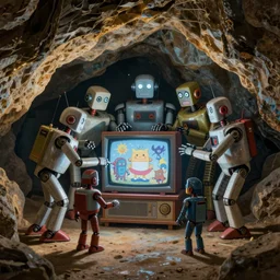 “An ancient cave painting of robots huddled around a TV and worshipping it”