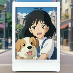 a polaroid full body portrait of a disney happy girl with her dog, finely detailed features, closeup at the faces, perfect art details, in a city, sun, gapmoe, yandere, trending on pixiv fanbox, painted by ( ilya kushinov ) makoto shinkai takashi takeuchi studio ghibli akihiko yoshida