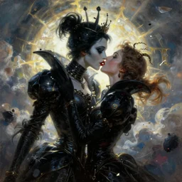 a messy painting of heaven's just a kiss away, black queen, in the style of delphin enjolras, intricate, ultrarealistic, cinematic, dynamic lighting, artstation.